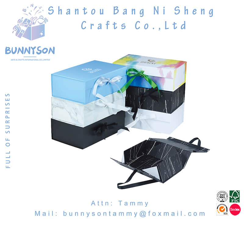 Wholesale Black Luxury Paper Folding Gift Boxes with Fixed Grosgrain Ribbon BNS-F-622-9