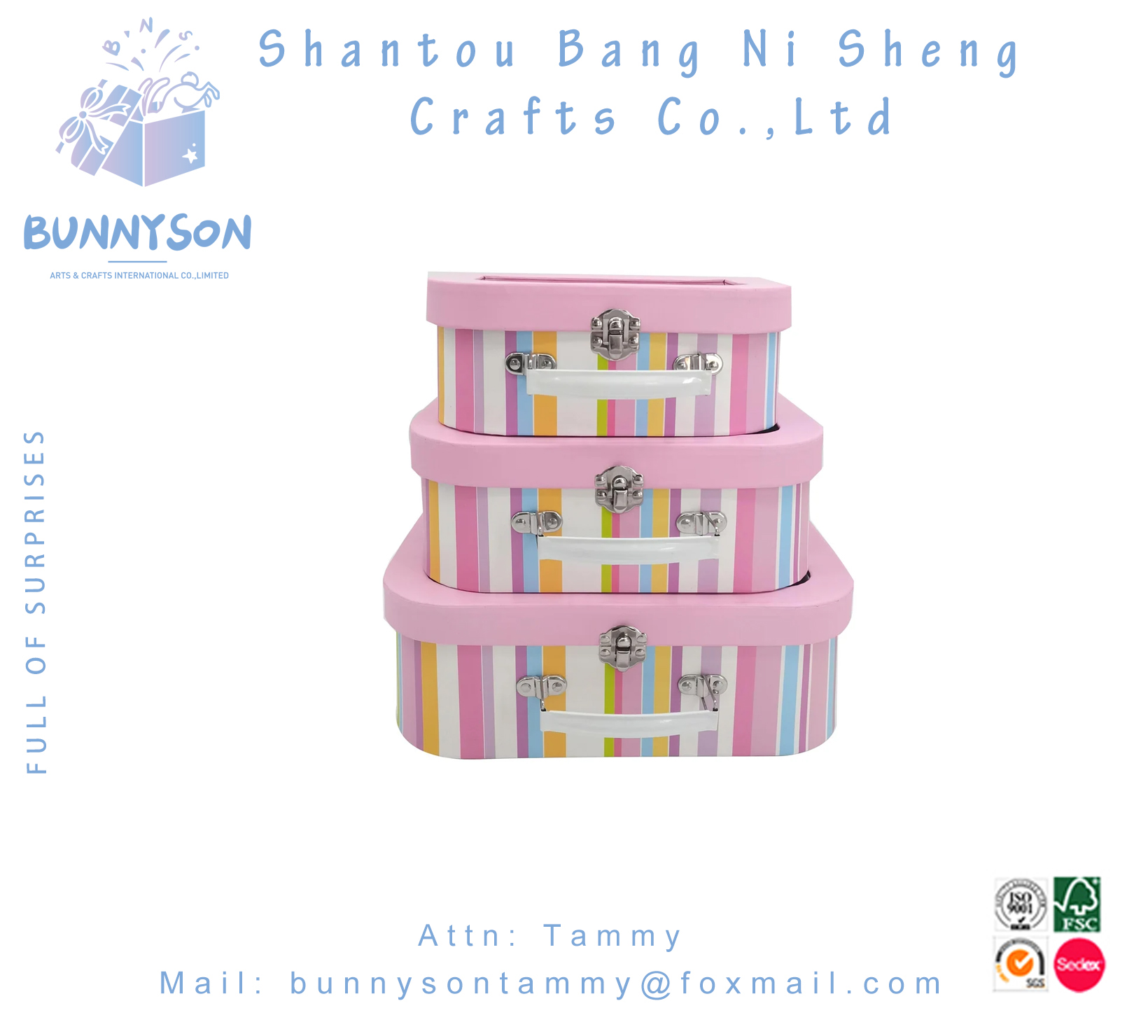 Set 3 pink storage suitcase cardboard box with pvc window